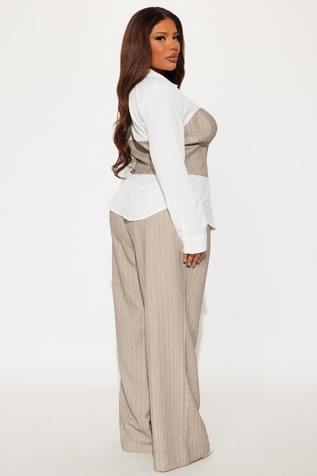 Work Mode Pinstripe Pant Set - Taupe/combo