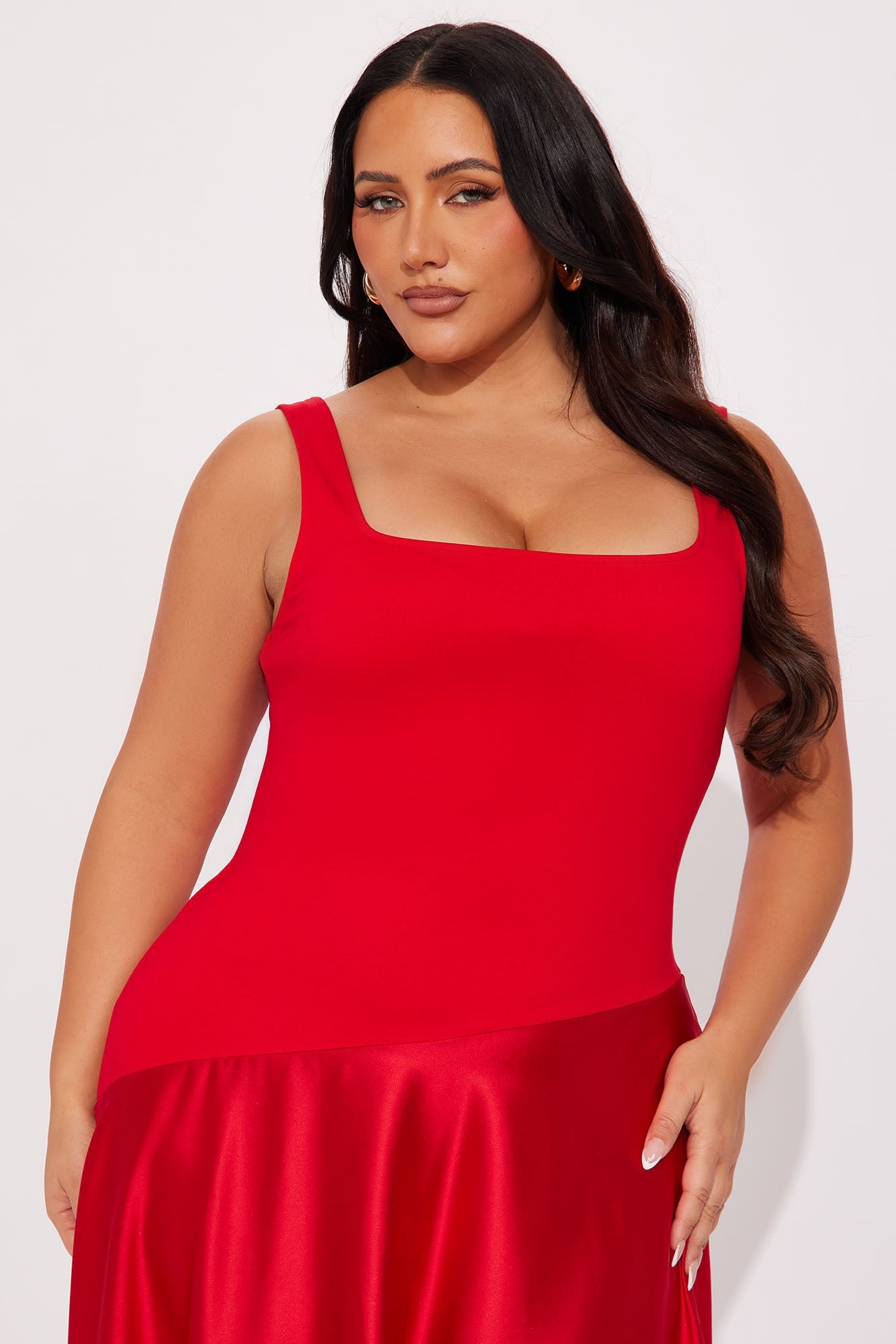 Liana Drop Waist Contrast Satin Maxi Dress - Red