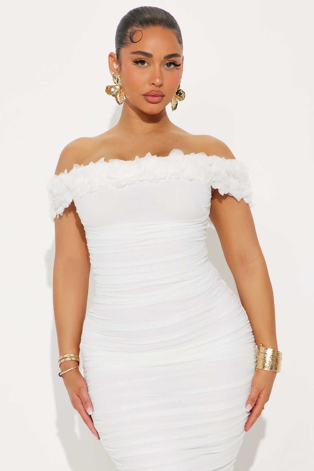 Sarina Ruched Mesh Midi Dress - White