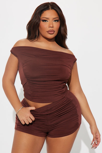 Vanessa Off Shoulder Micro Short Set - Brown