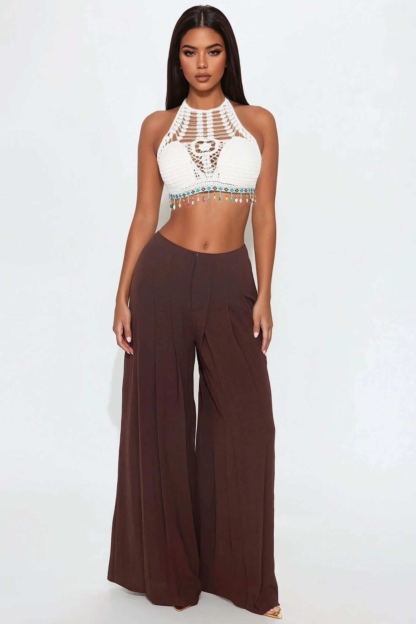 Taylor Beaded Crochet Halter Top - Ivory