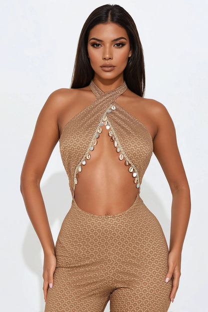 Tulum Beach Club Crochet Jumpsuit - Mocha