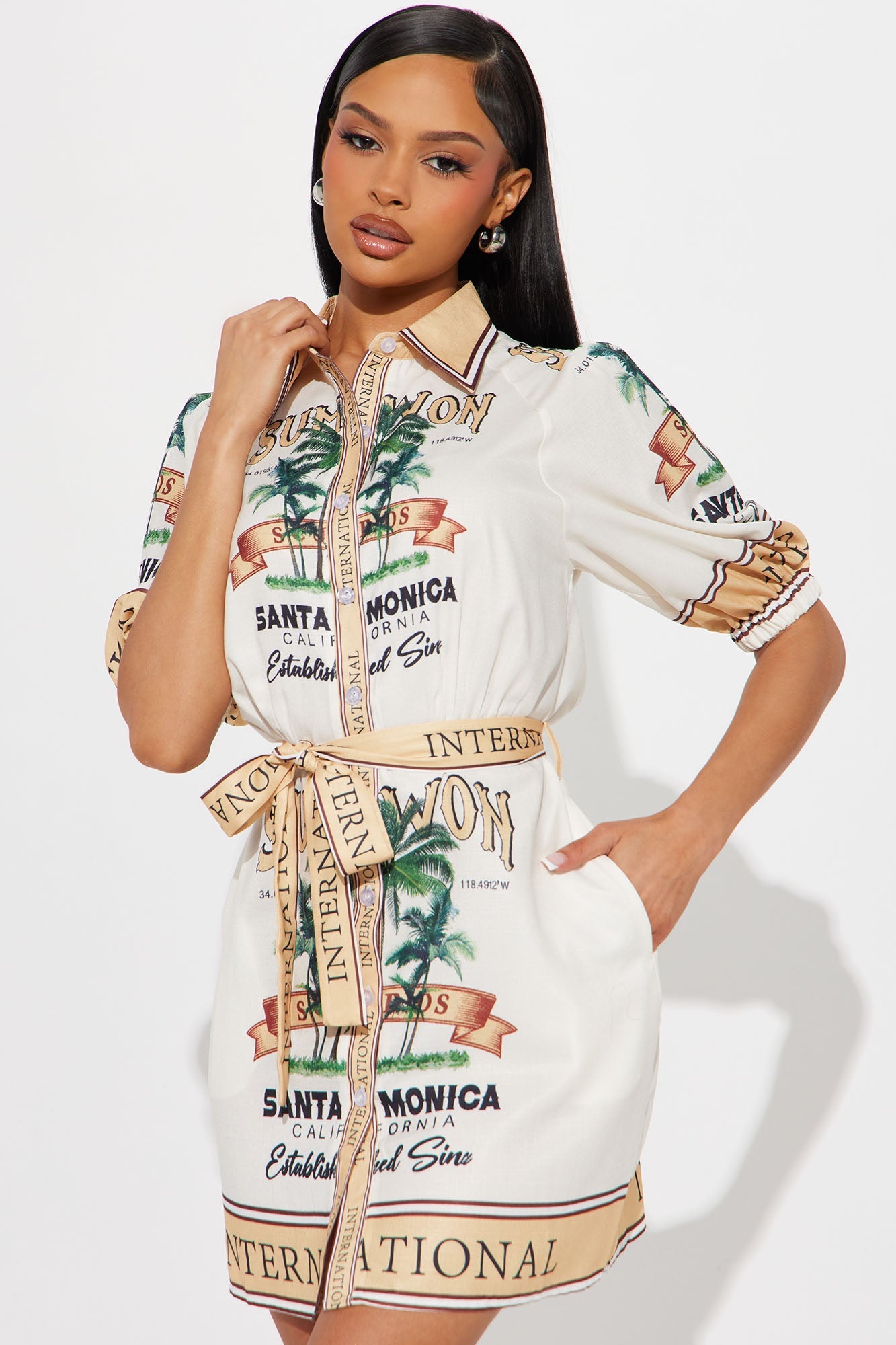 Santa Monica Satin Shirt Mini Dress - Gold/combo