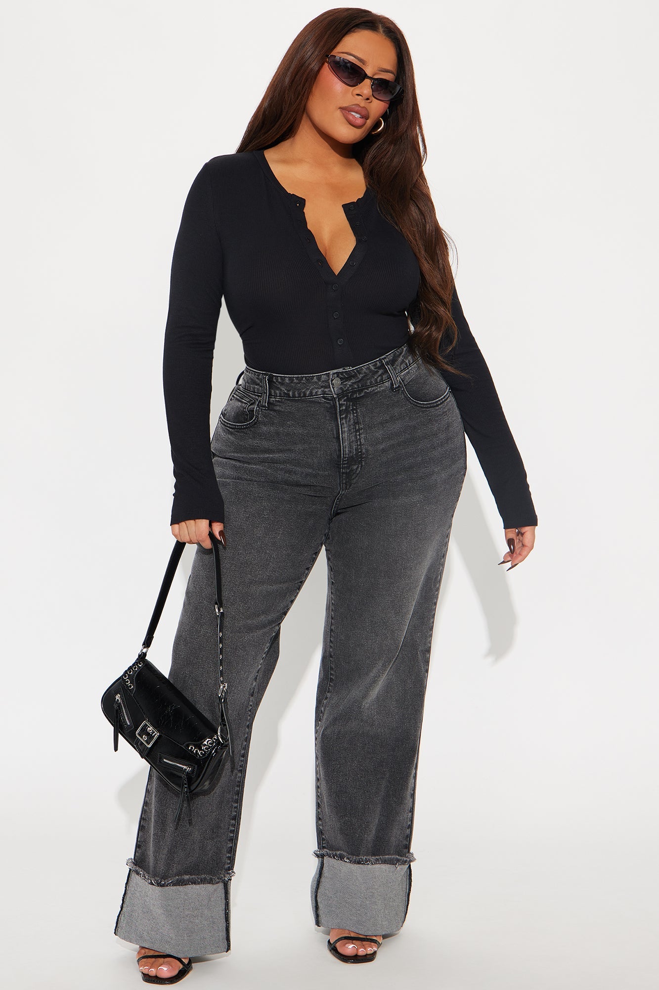 All The While Cuffed Wide Leg Jeans - Black Wash