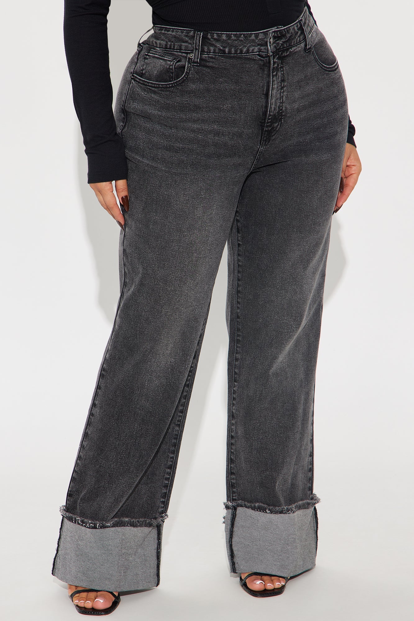 All The While Cuffed Wide Leg Jeans - Black Wash