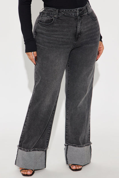 All The While Cuffed Wide Leg Jeans - Black Wash