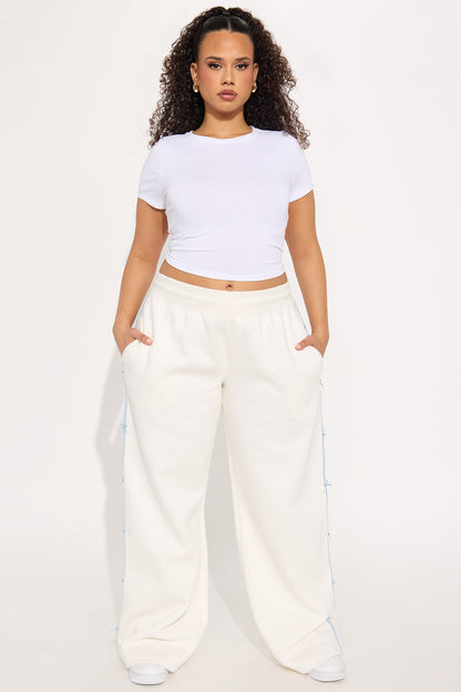 Sara Wide Leg Striped Fleece Pant - White