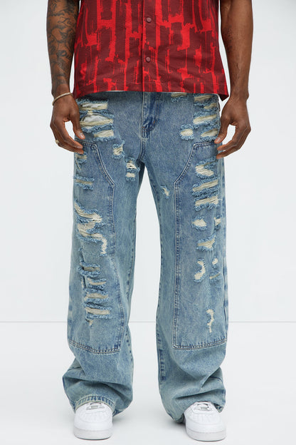 Be About It Distressed Carpenter Baggy Jeans - Light Wash
