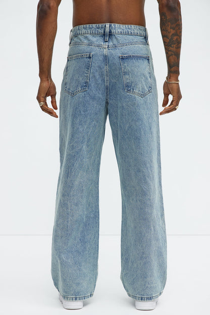 Be About It Distressed Carpenter Baggy Jeans - Light Wash