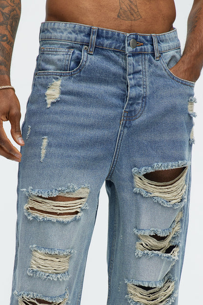 Jefferey Distressed Baggy Jeans - Medium Blue Wash