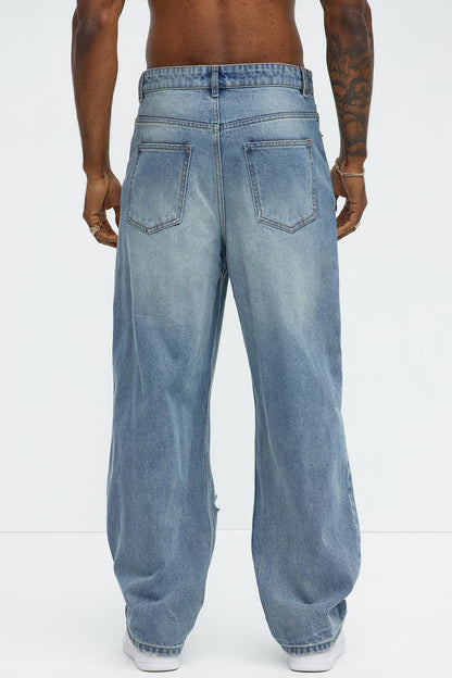 Jefferey Distressed Baggy Jeans - Medium Blue Wash