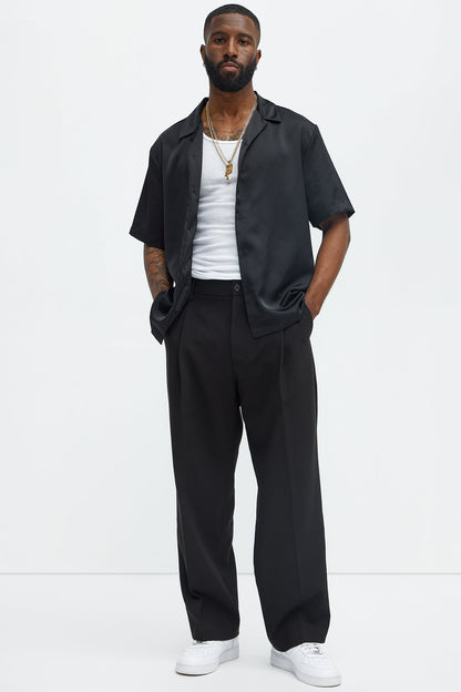 Links Satin Short Sleeve Button Up Shirt - Black