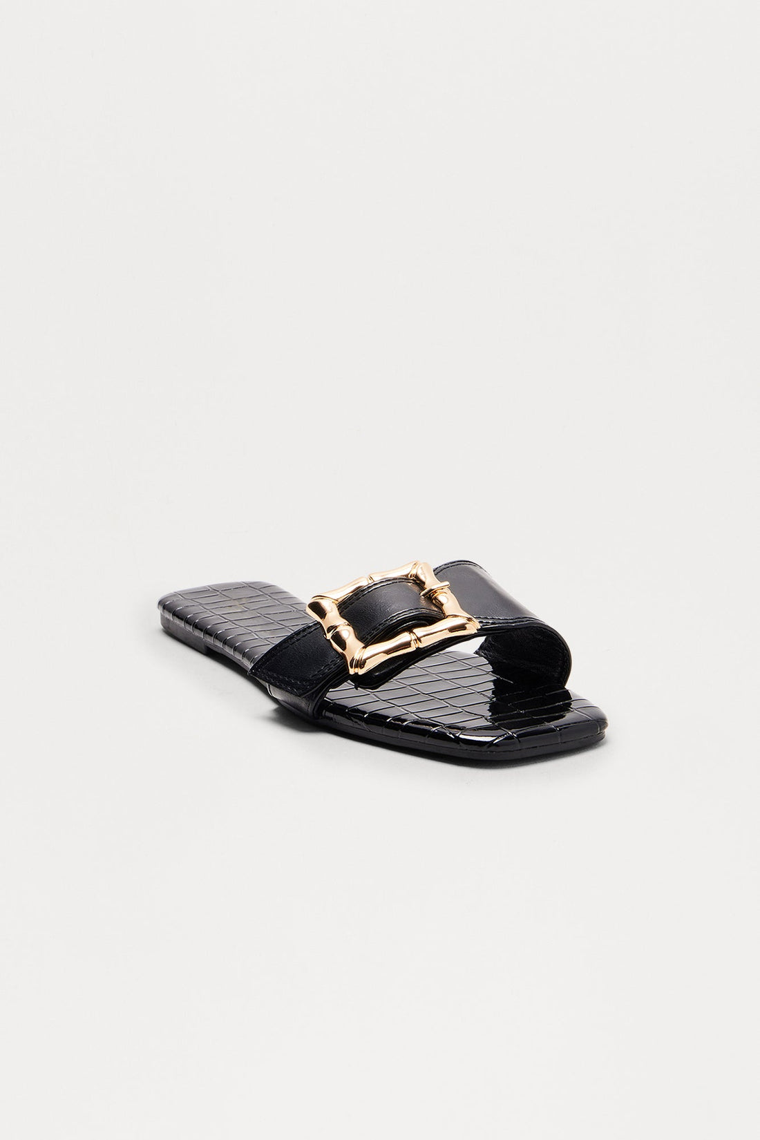 Lenny Buckle Faux Leather Croc Sandals - Black