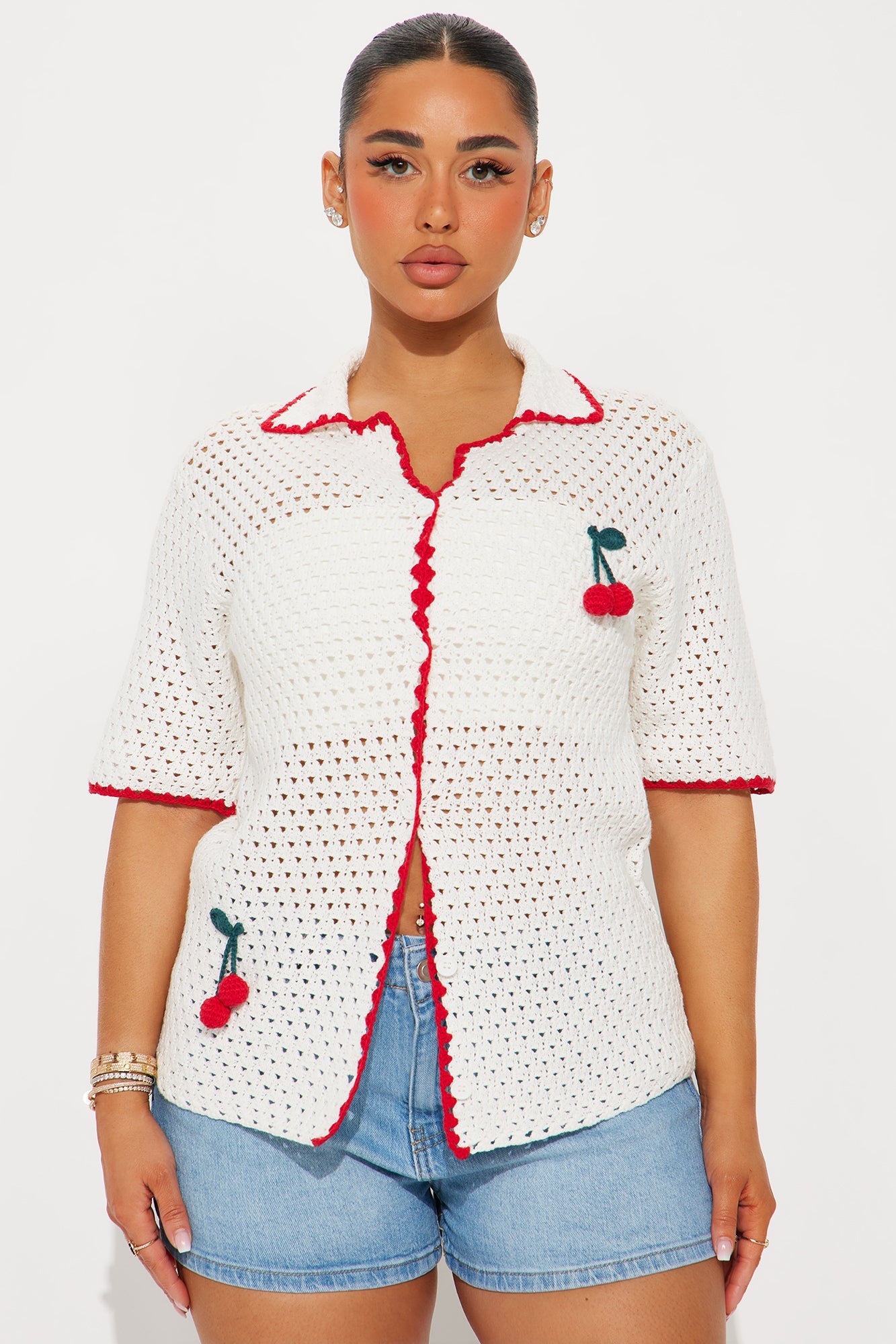 Give Me Cherries Crochet Shirt - White/combo