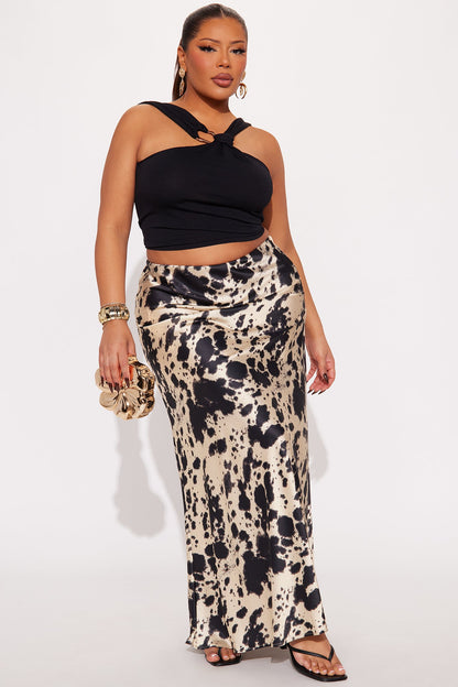 On The Move Cow Print Low Rise Satin Maxi Skirt - Cream/combo
