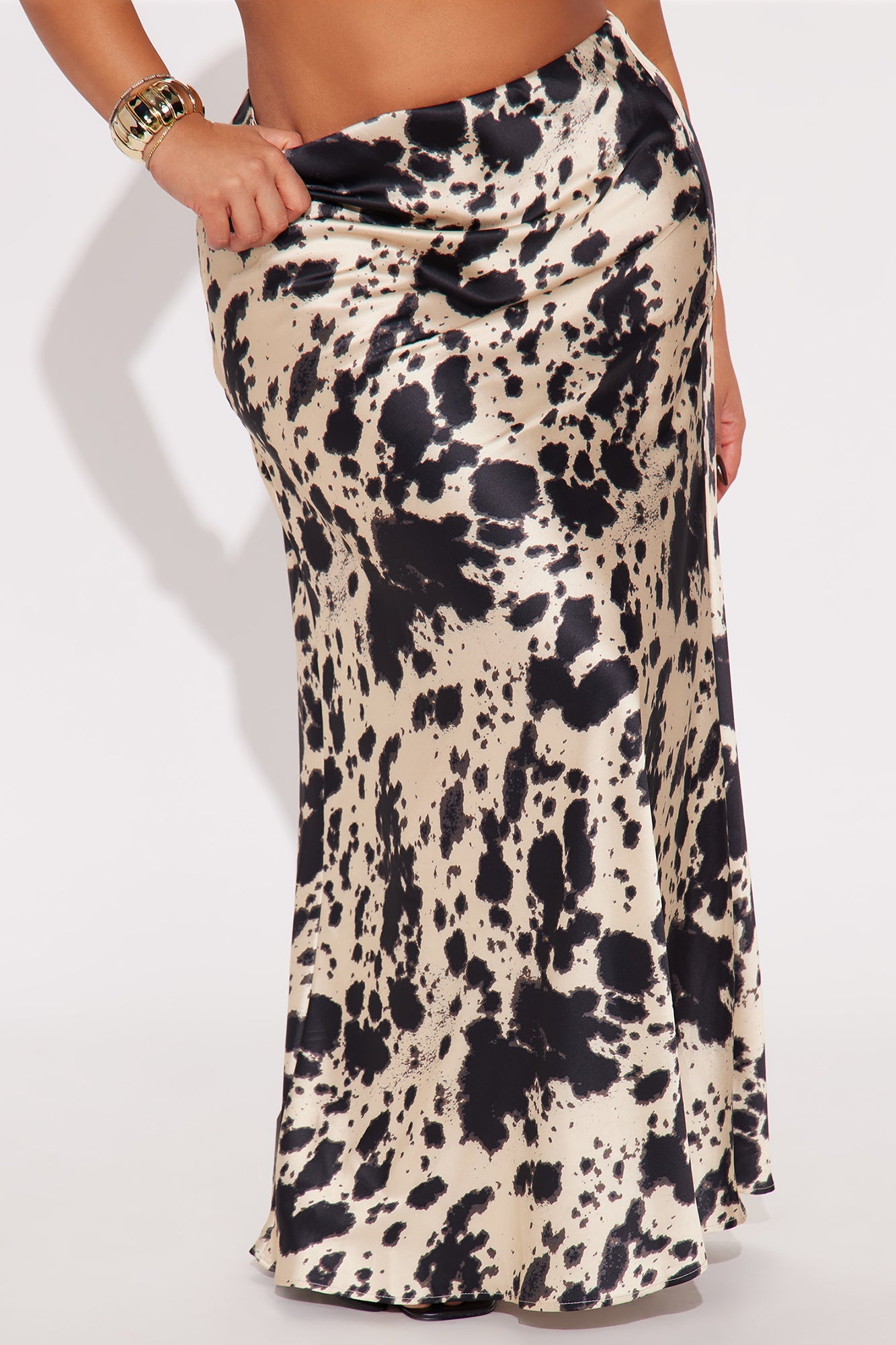 On The Move Cow Print Low Rise Satin Maxi Skirt - Cream/combo