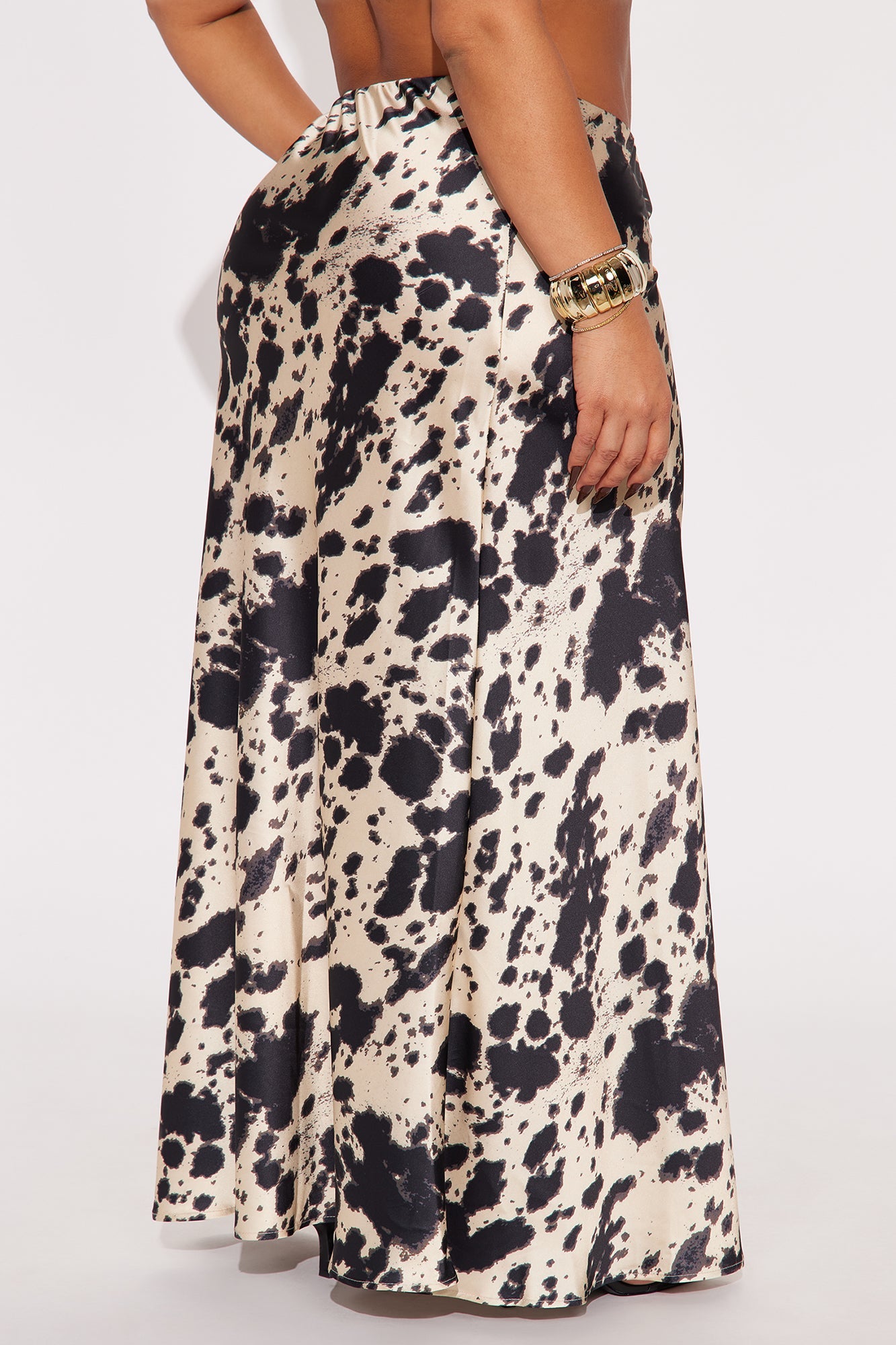 On The Move Cow Print Low Rise Satin Maxi Skirt - Cream/combo