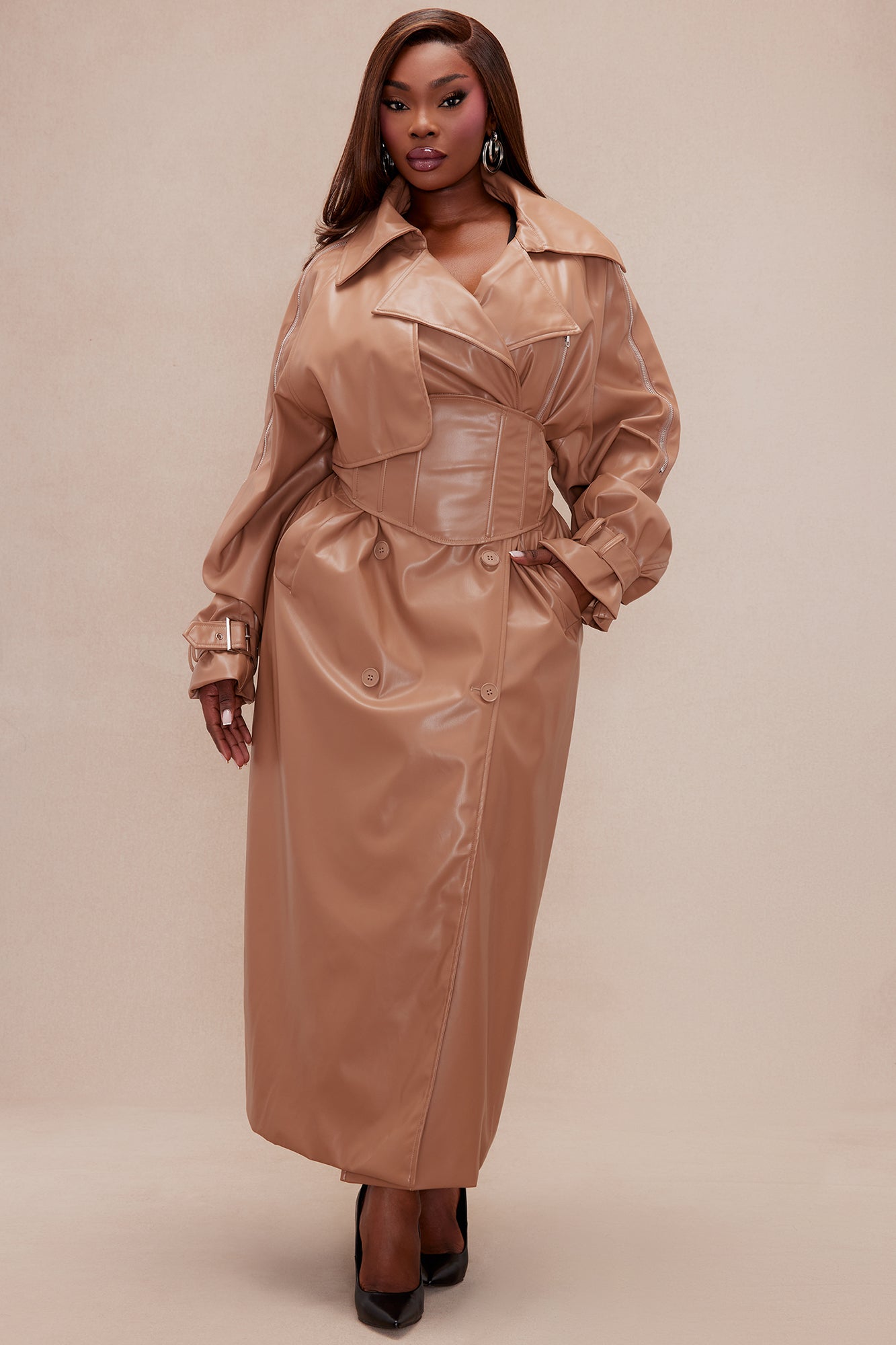 Kendra Faux Leather Trench Coat - Camel