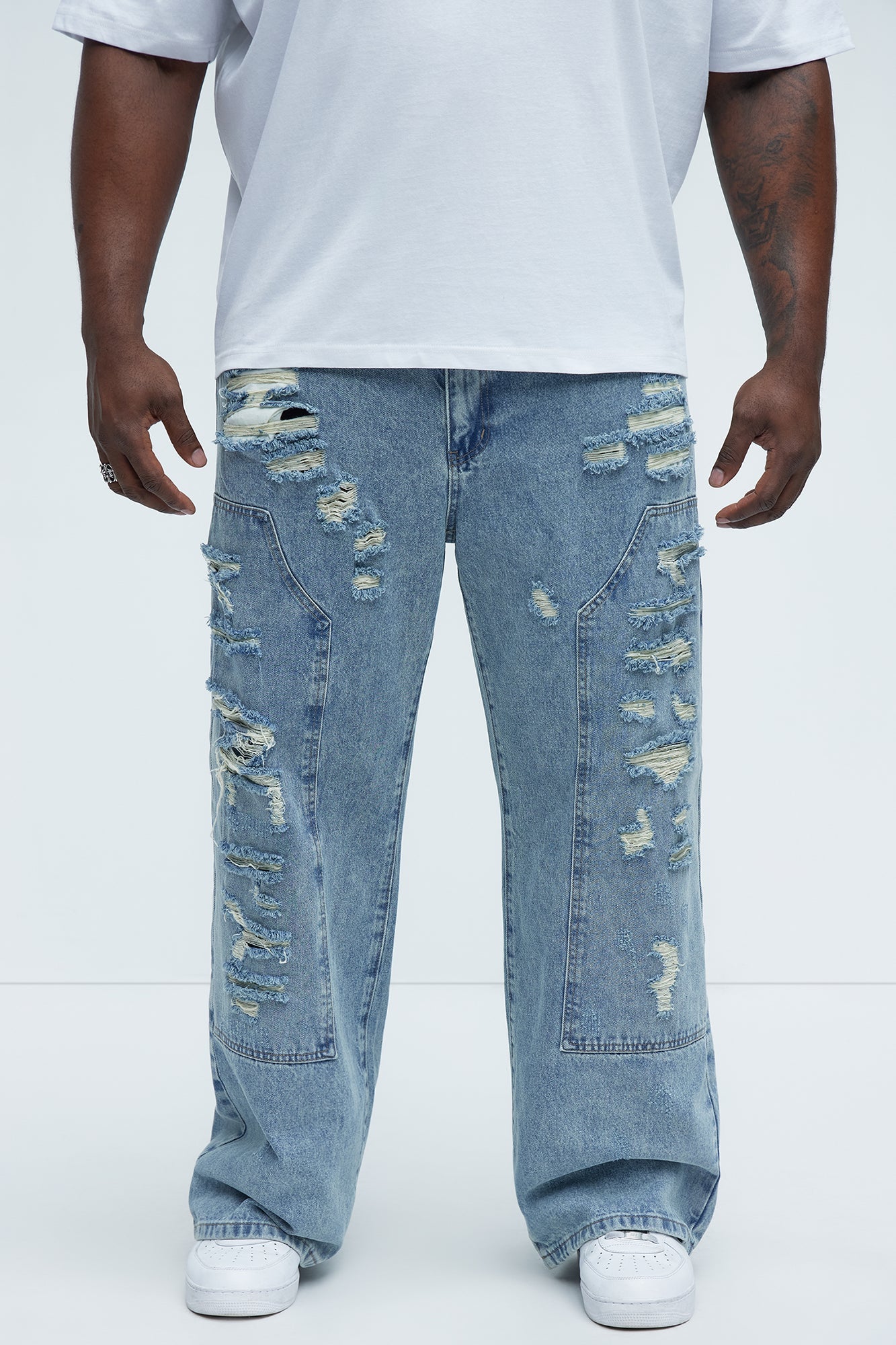 Be About It Distressed Carpenter Baggy Jeans - Light Wash