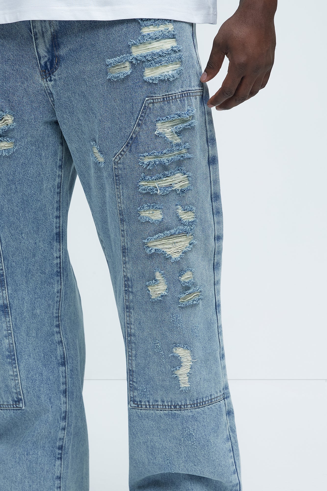 Be About It Distressed Carpenter Baggy Jeans - Light Wash