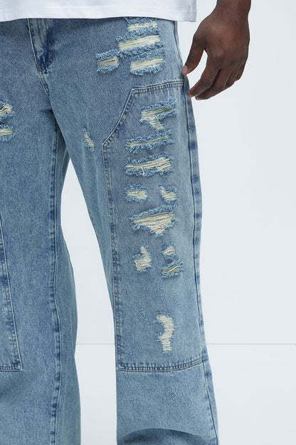 Be About It Distressed Carpenter Baggy Jeans - Light Wash