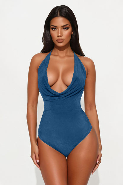 Tyra Ruched Halter Bodysuit - Blue