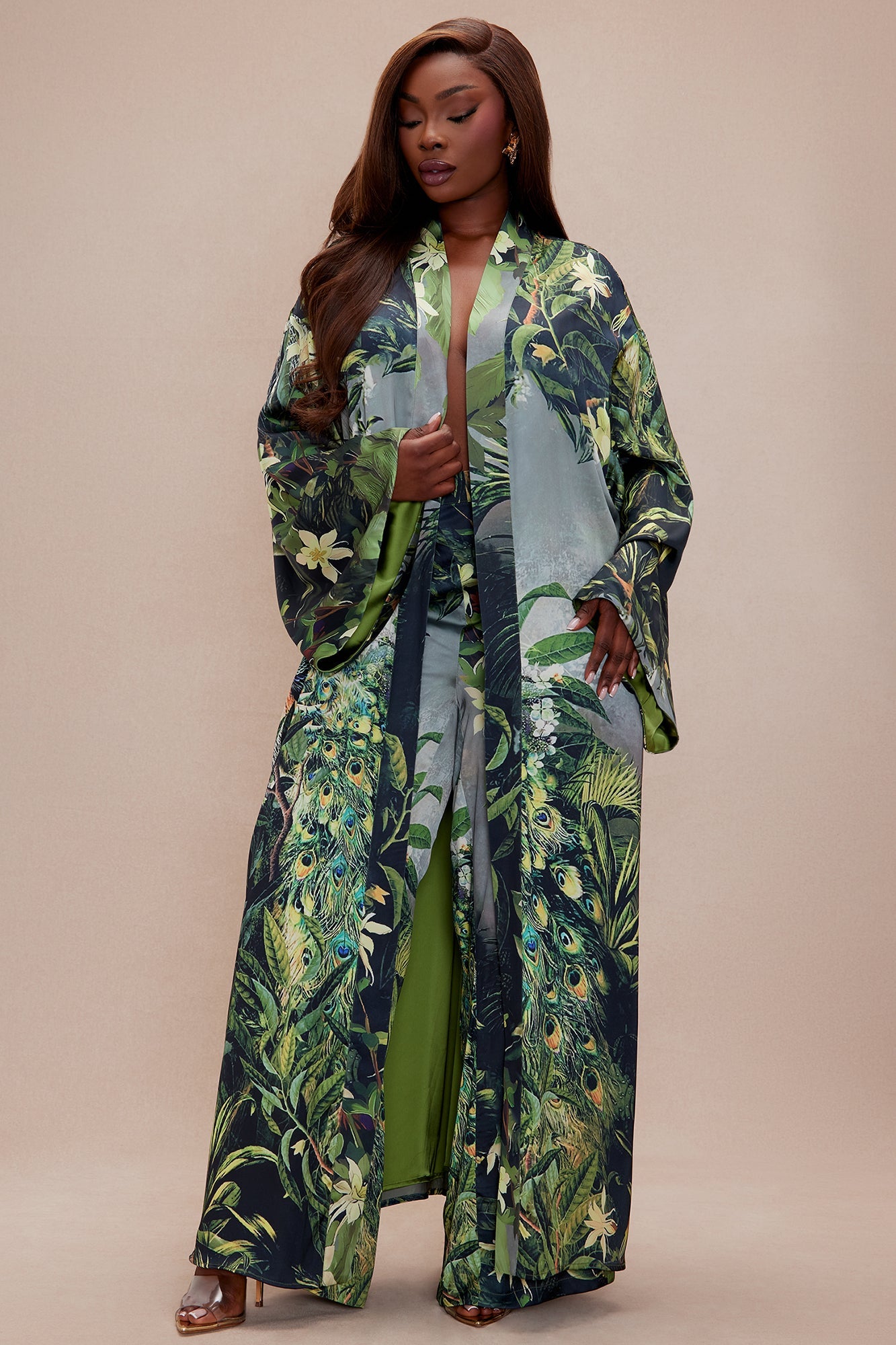 Kamaria Satin Kimono Set - Green/combo