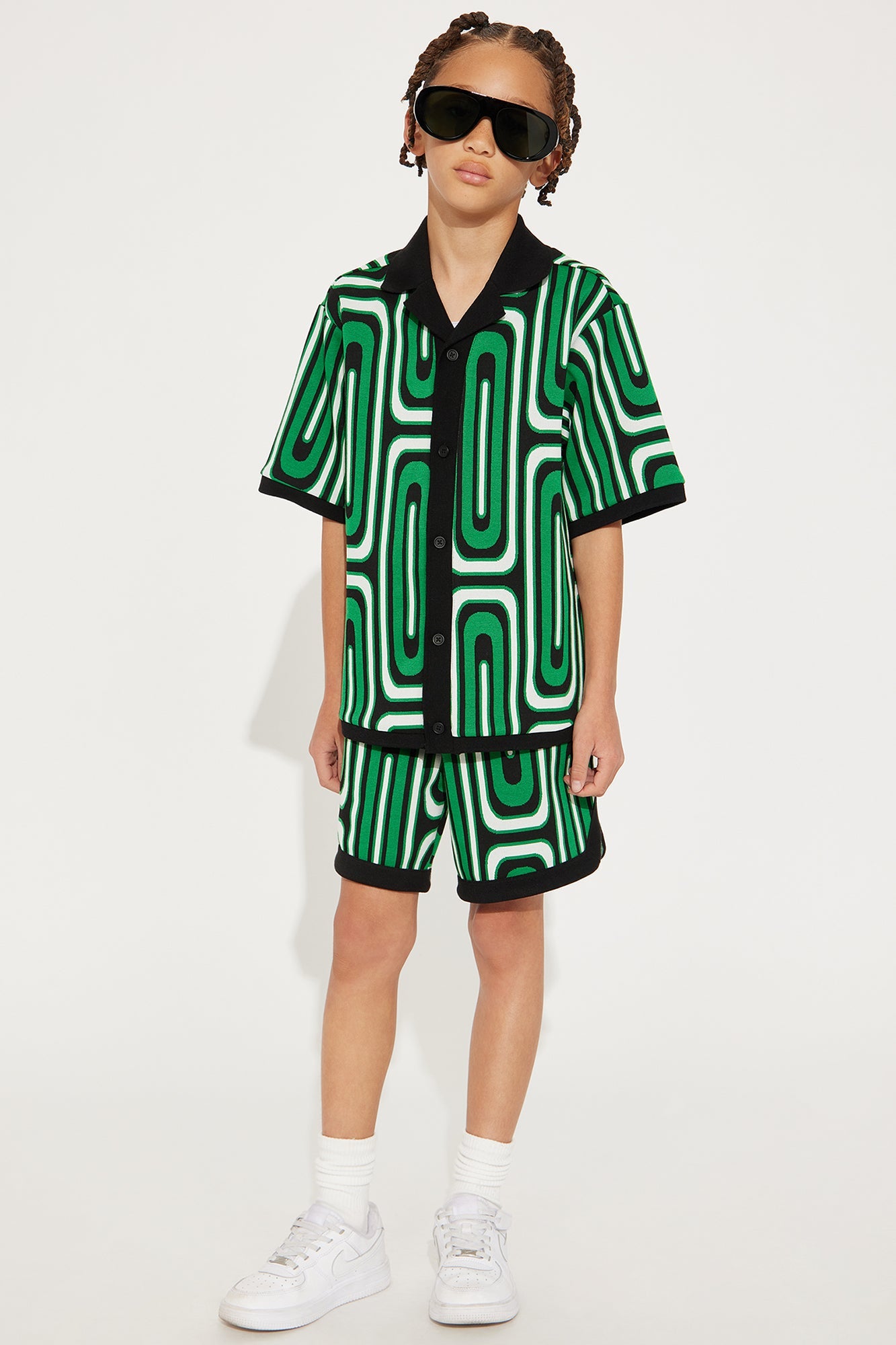 Mini Jack Retro Pattern Cuban Collar Shirt - Green/combo