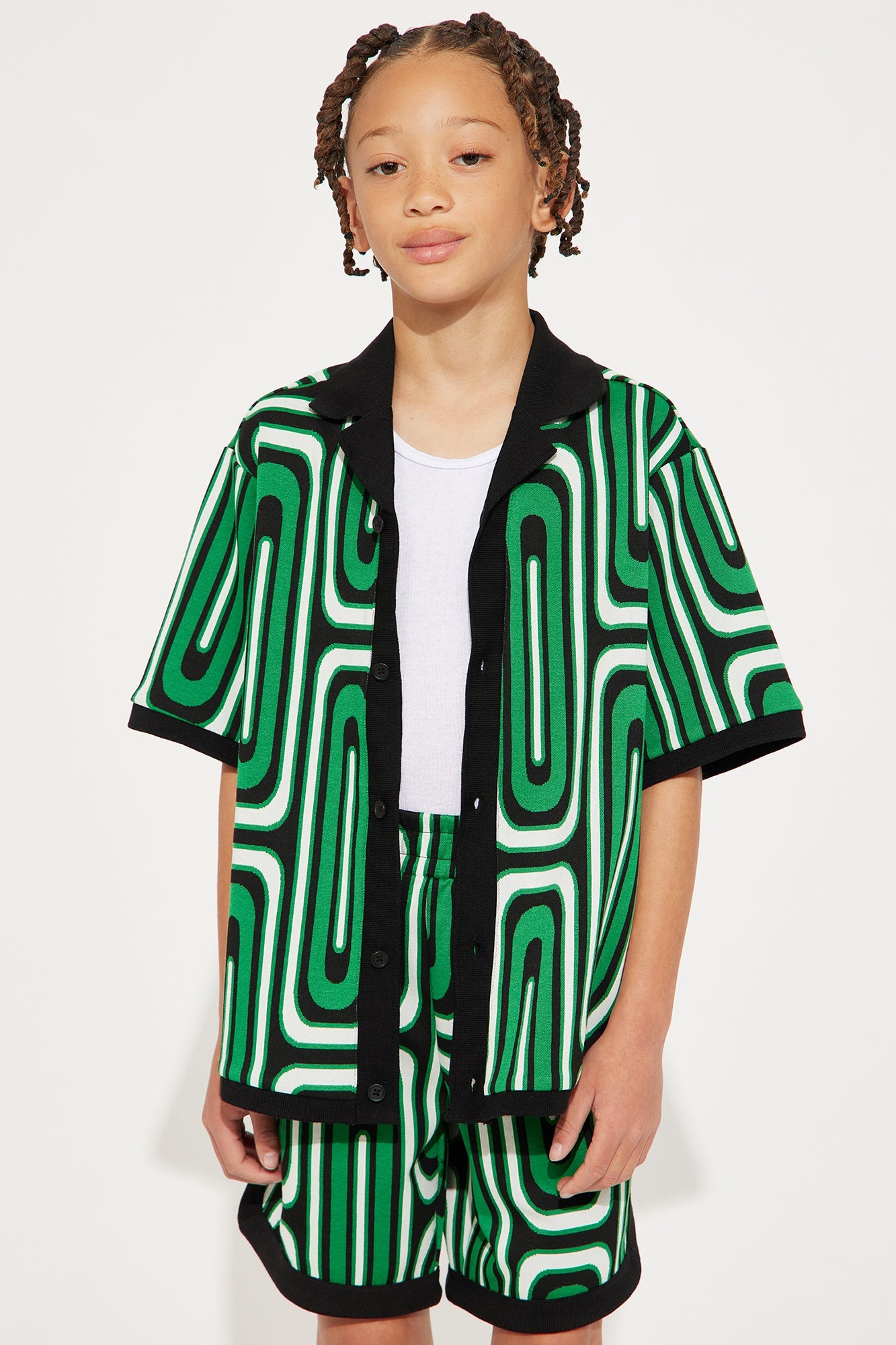 Mini Jack Retro Pattern Cuban Collar Shirt - Green/combo