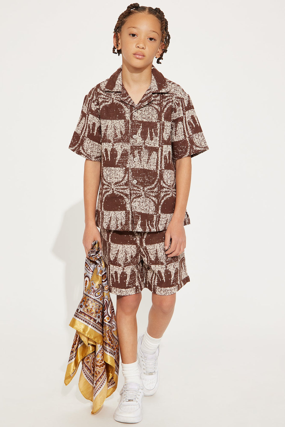 Mini Tribal Pattern Cuban Collar Button Down Shirt - Brown/combo