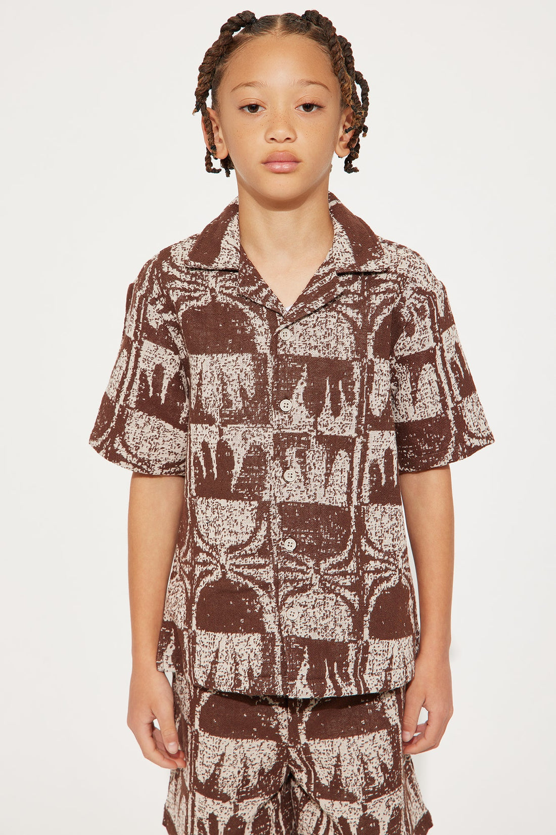 Mini Tribal Pattern Cuban Collar Button Down Shirt - Brown/combo