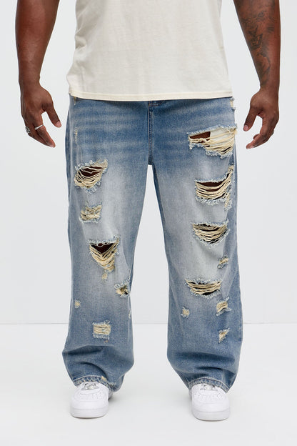 Jefferey Distressed Baggy Jeans - Medium Blue Wash