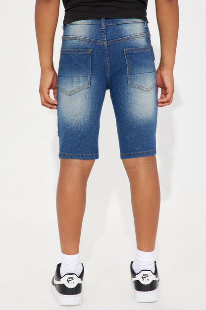 Mini Acid Wash Denim Distressed Moto Shorts - Medium Wash