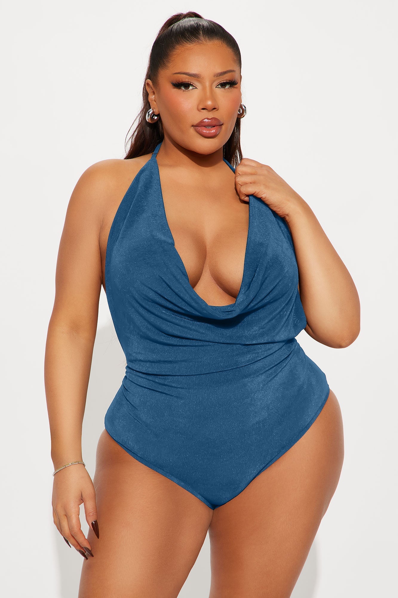 Tyra Ruched Halter Bodysuit - Blue