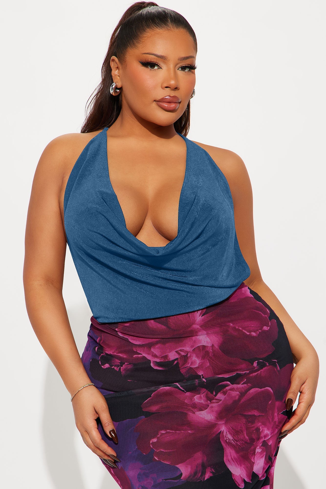 Tyra Ruched Halter Bodysuit - Blue