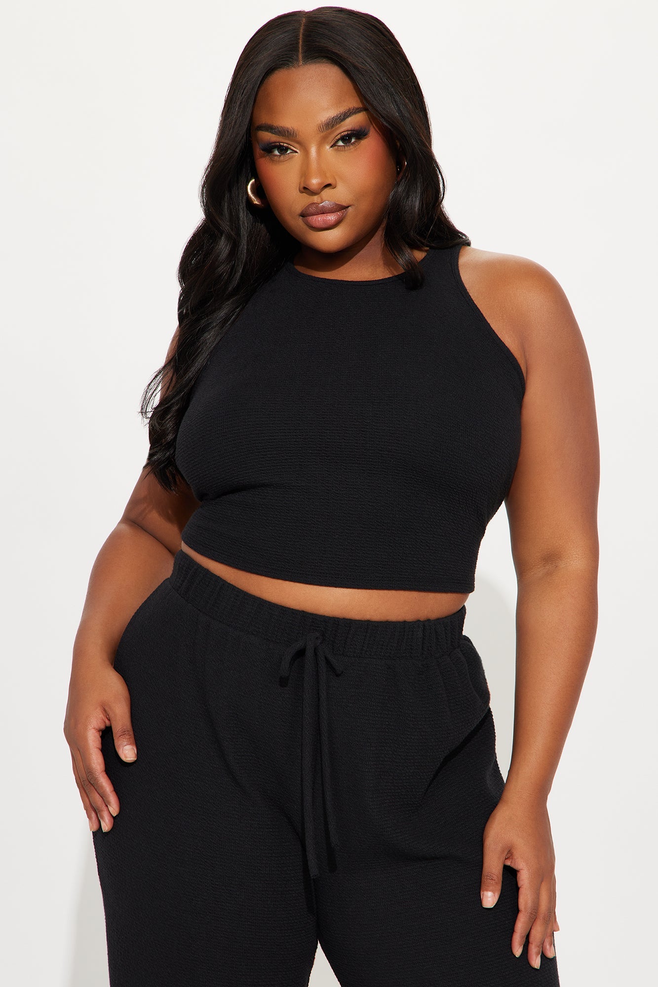 Alana Textured Wide Leg Pant Set - Black