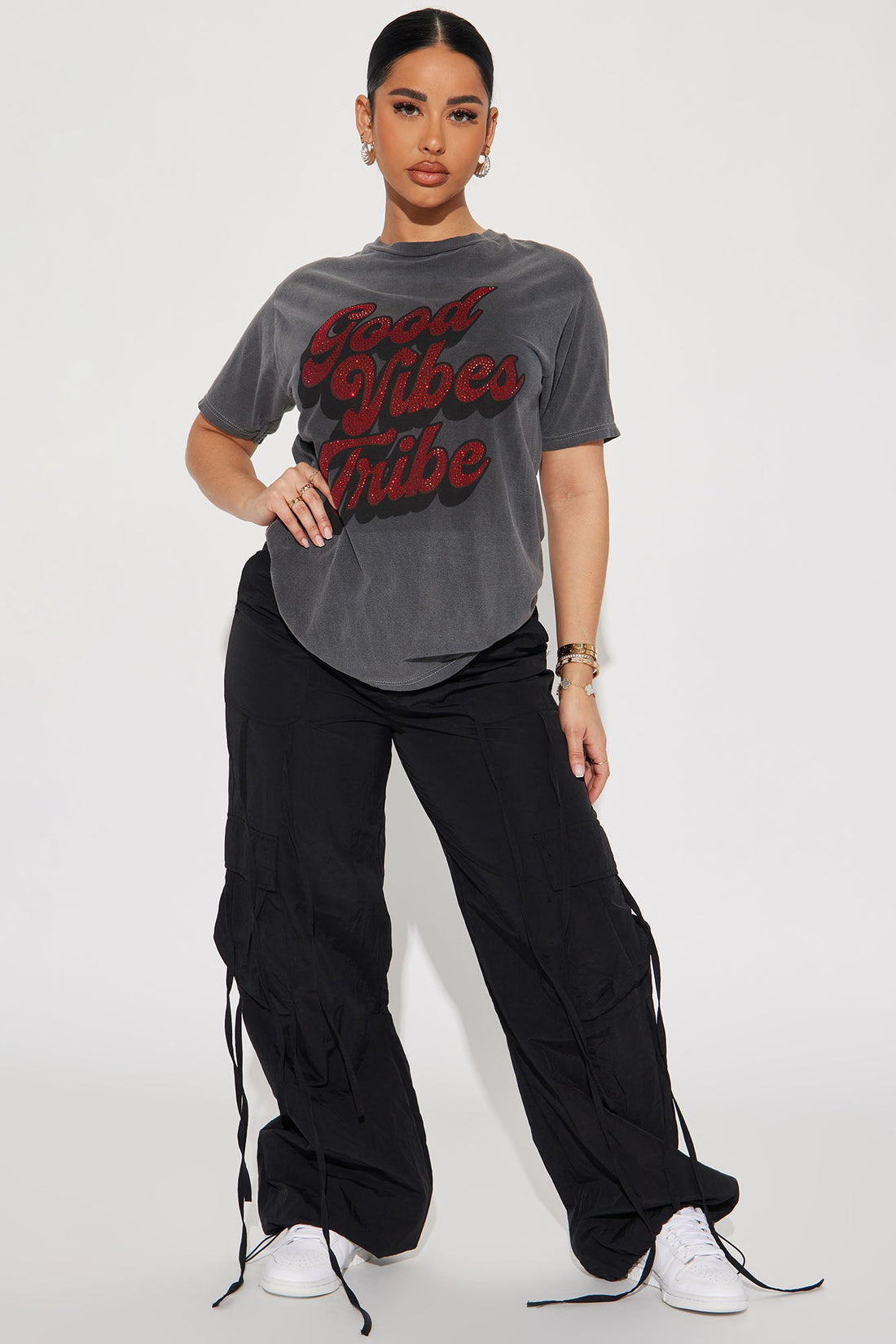 Good Vibes Tribe Rhinestone Tshirt - Charcoal
