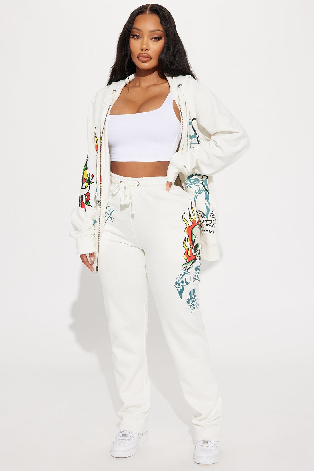 Ed Hardy On Fire Wide Leg Pant - Ivory