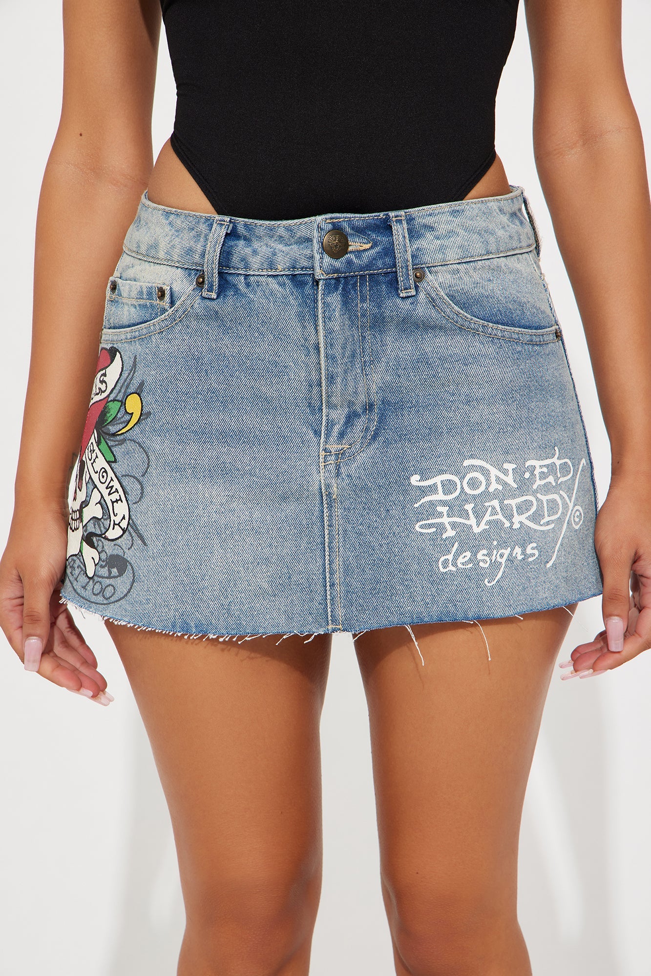 Ed Hardy Skull Denim Mini Skirt - Light Wash