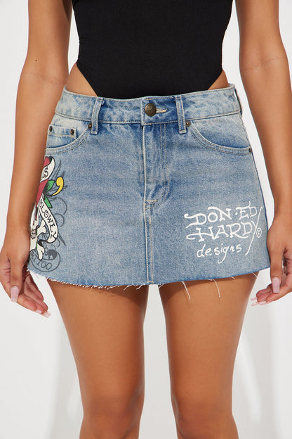 Ed Hardy Skull Denim Mini Skirt - Light Wash