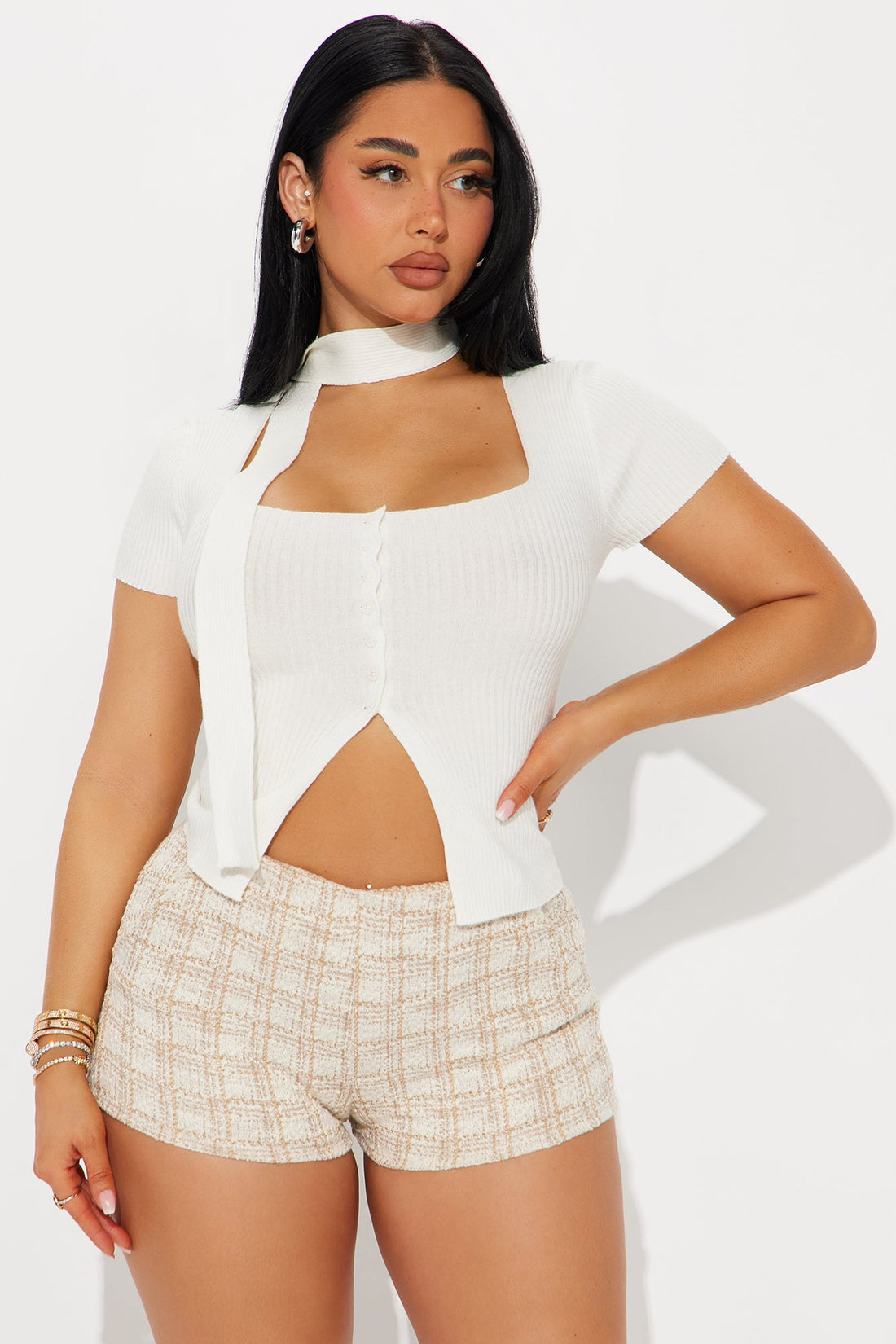 Laressa Neck Tie Sweater Top - Off White