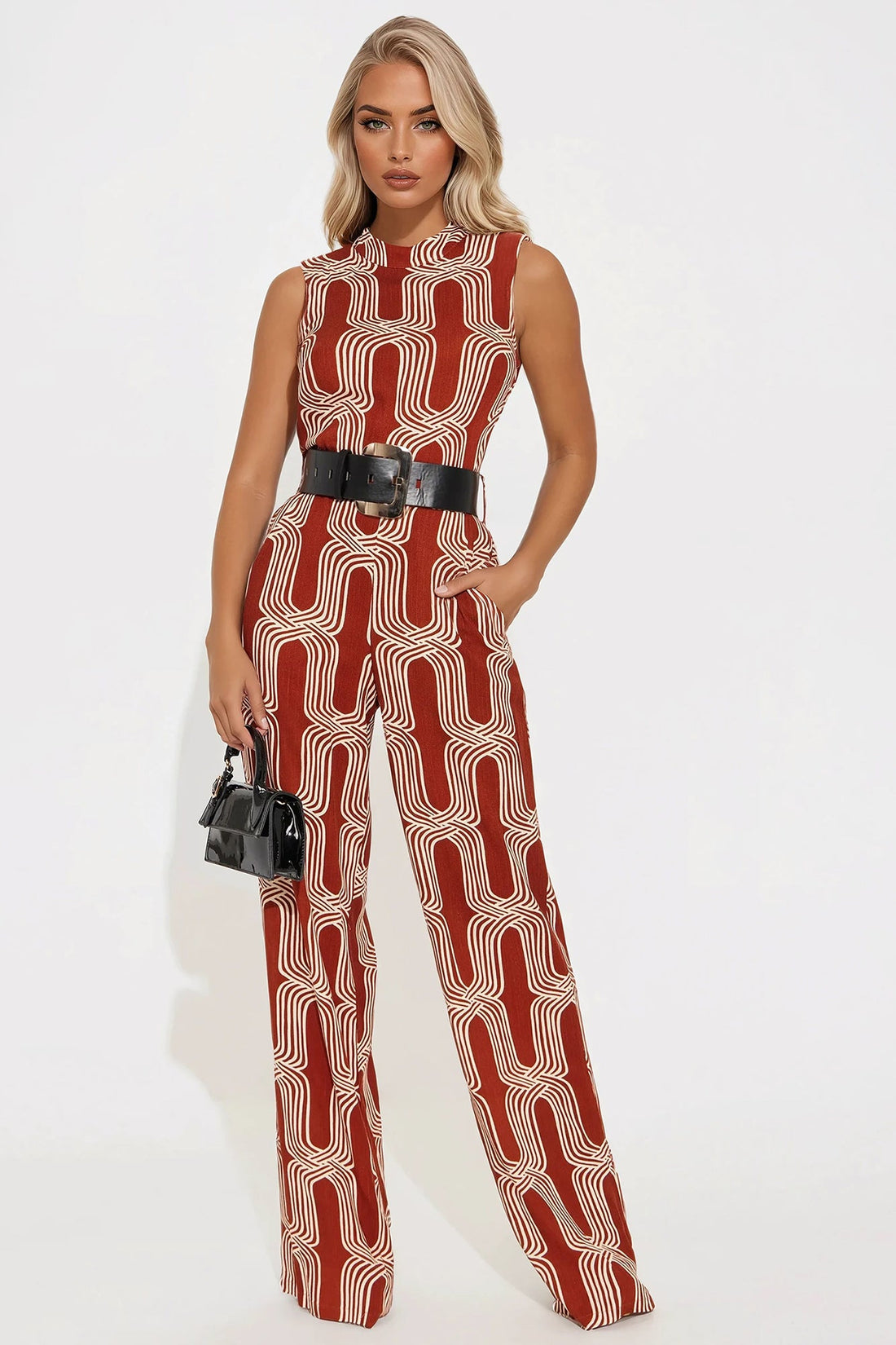 Miss Thing Belted Jumpsuit - Brown/combo