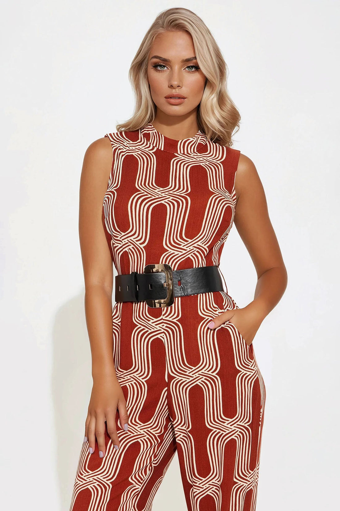 Miss Thing Belted Jumpsuit - Brown/combo