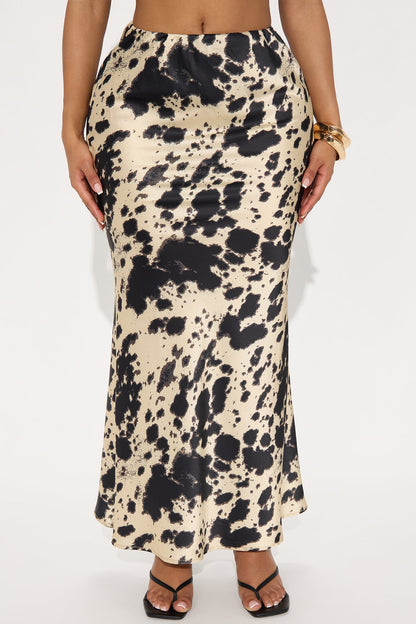 On The Move Cow Print Low Rise Satin Maxi Skirt - Cream/combo