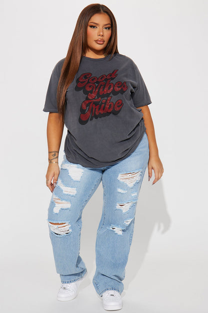 Good Vibes Tribe Rhinestone Tshirt - Charcoal