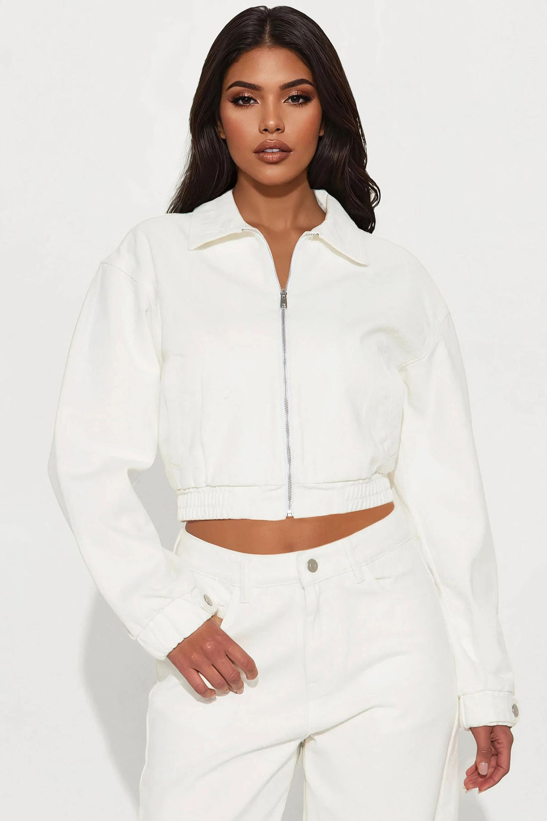 Horseshoe Long Sleeve Cropped Twill Trucker Jacket - White
