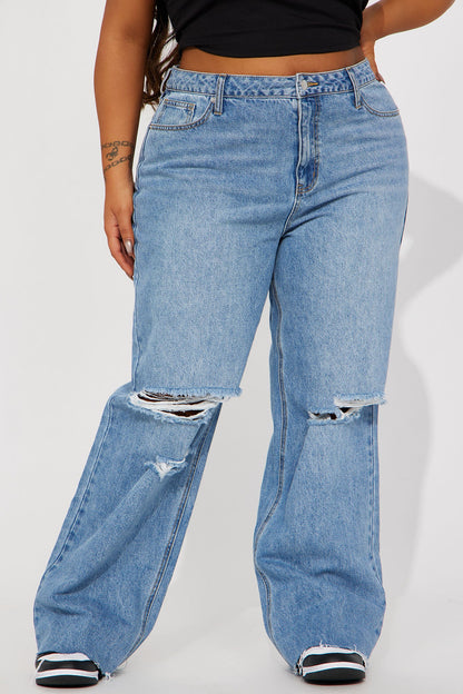 Tough Love Baggy Ripped Straight Leg Jean - Medium Wash