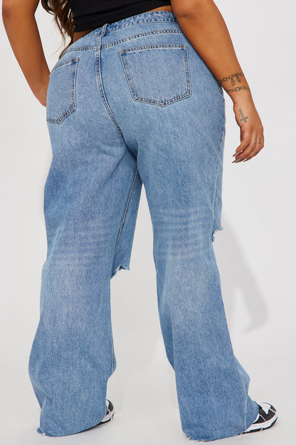 Tough Love Baggy Ripped Straight Leg Jean - Medium Wash
