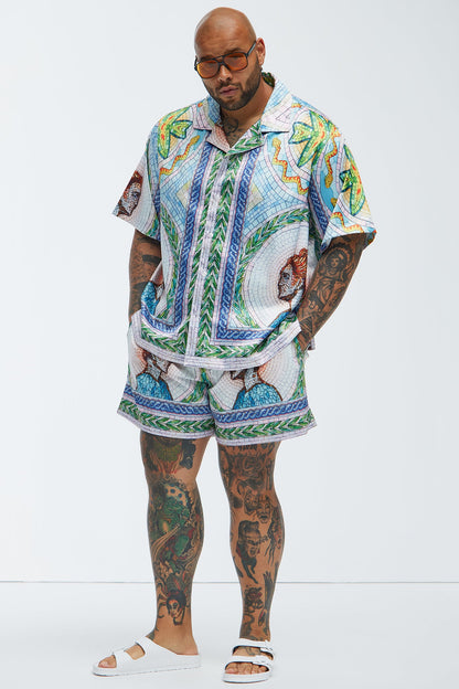 Atherton Mosaic Swim Mid Trunk - Blue/combo