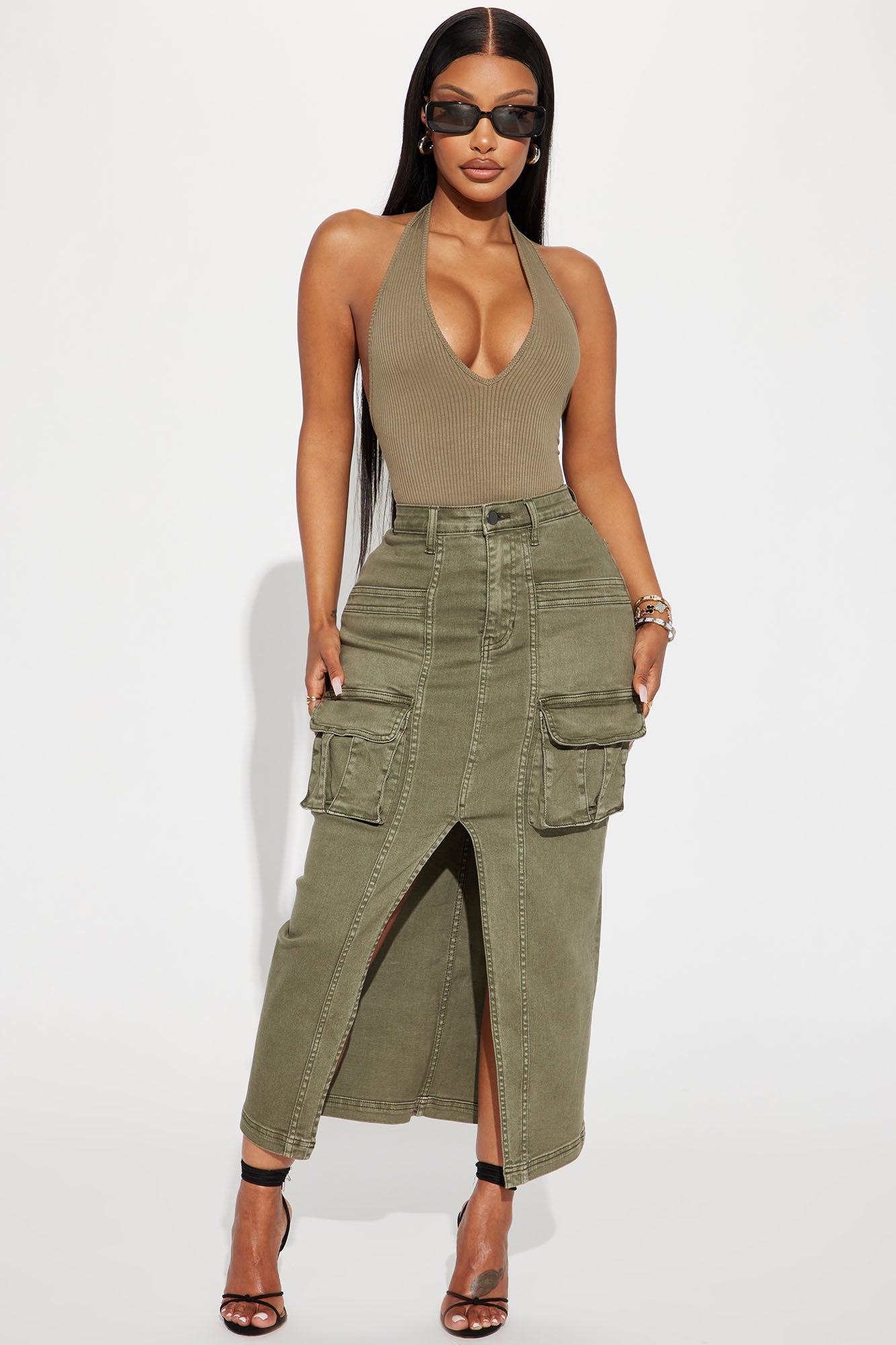 Get In Line Cargo Maxi Skirt - Olive